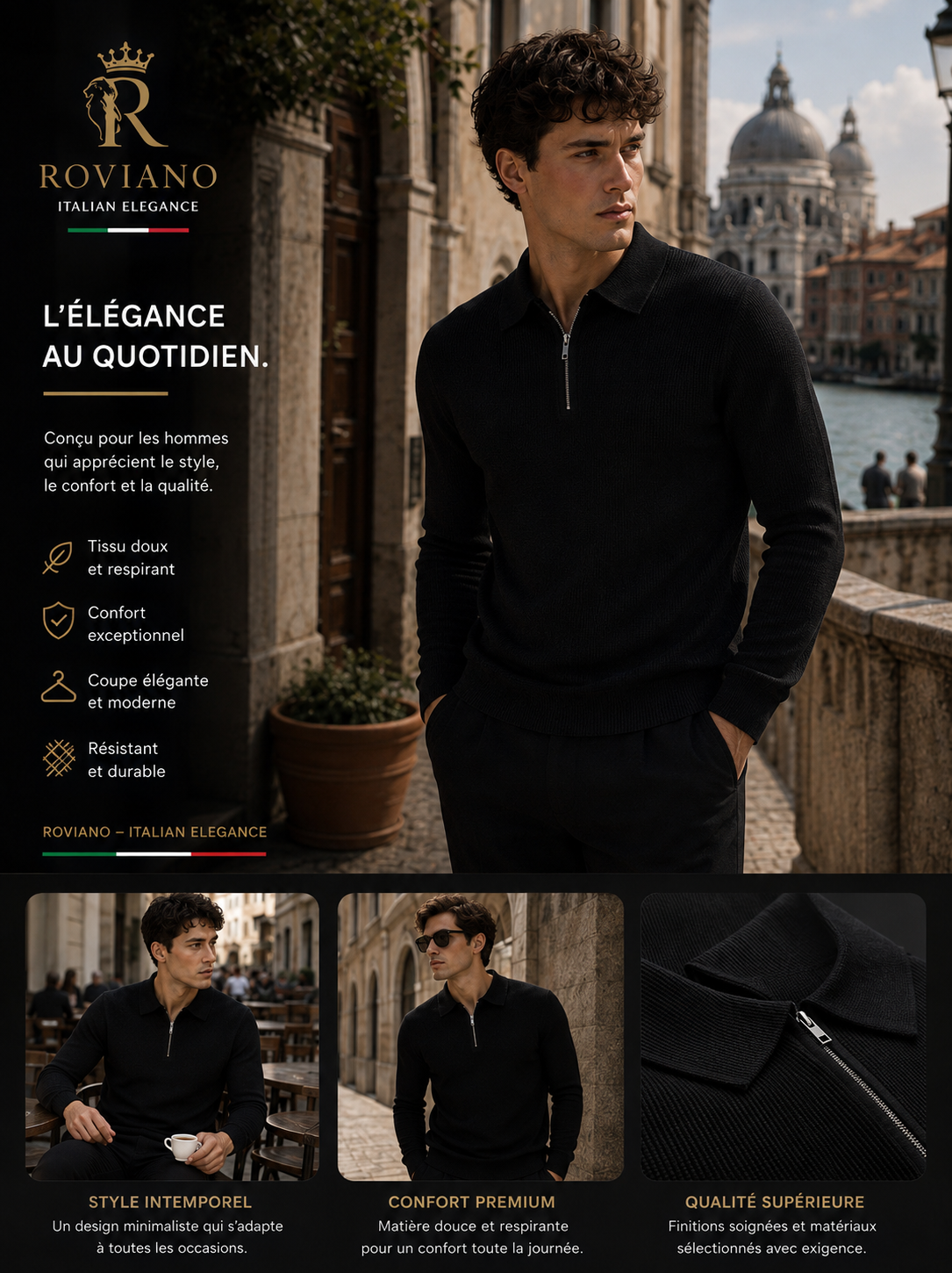 Polo Demi-Zip ROVIANO Noir