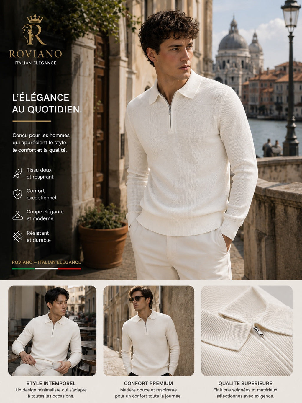 Polo demi-zip blanc ROVIANO style italien
