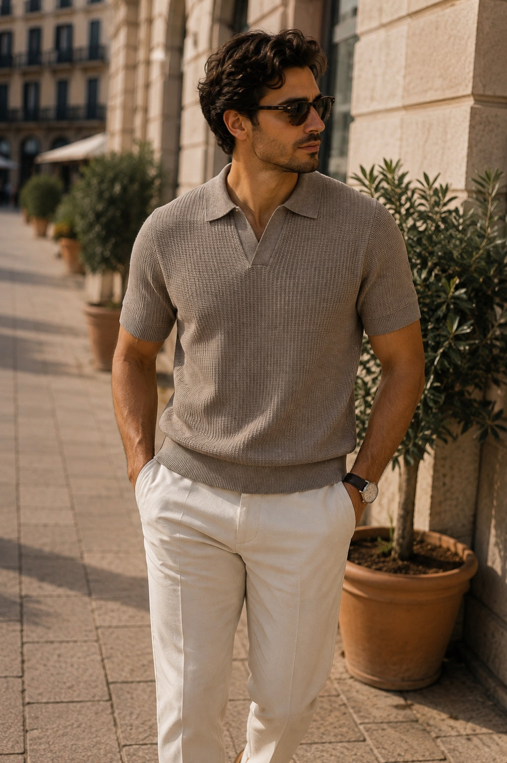 Polo ROVIANO Tricot Taupe porté